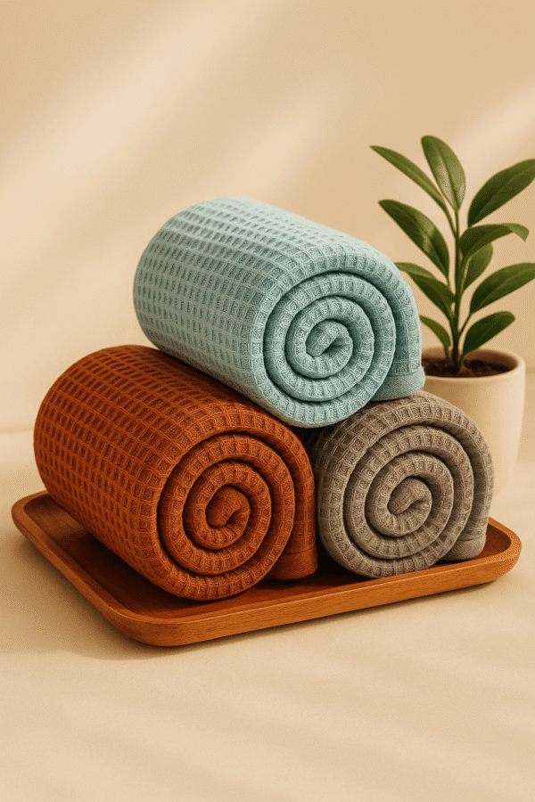 DRAPE&LUXE Honeycomb Cotton Towel – Pack of 3 (Blue Brown Grey)